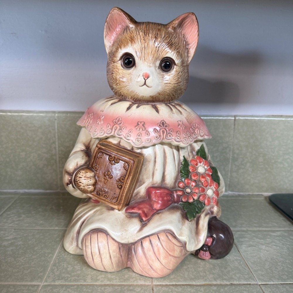 Vintage Ceramic Cat Cookie Jar Anthropomorphic Kitten Victorian‎ Dress Flowers